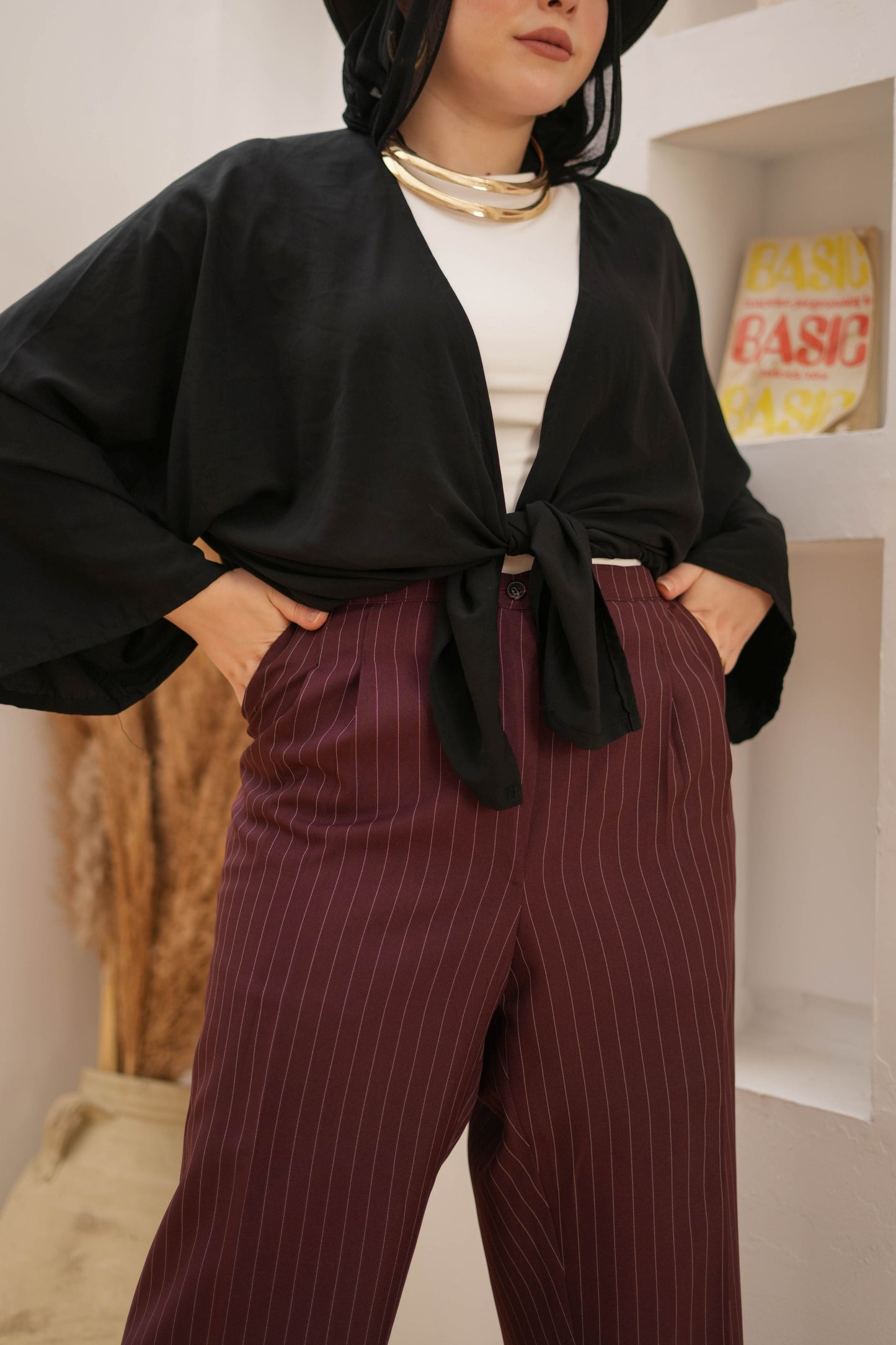 Striped wide leg trousers.