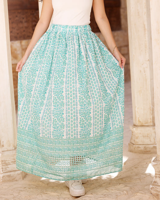 Floral Light Green Linen Skirt