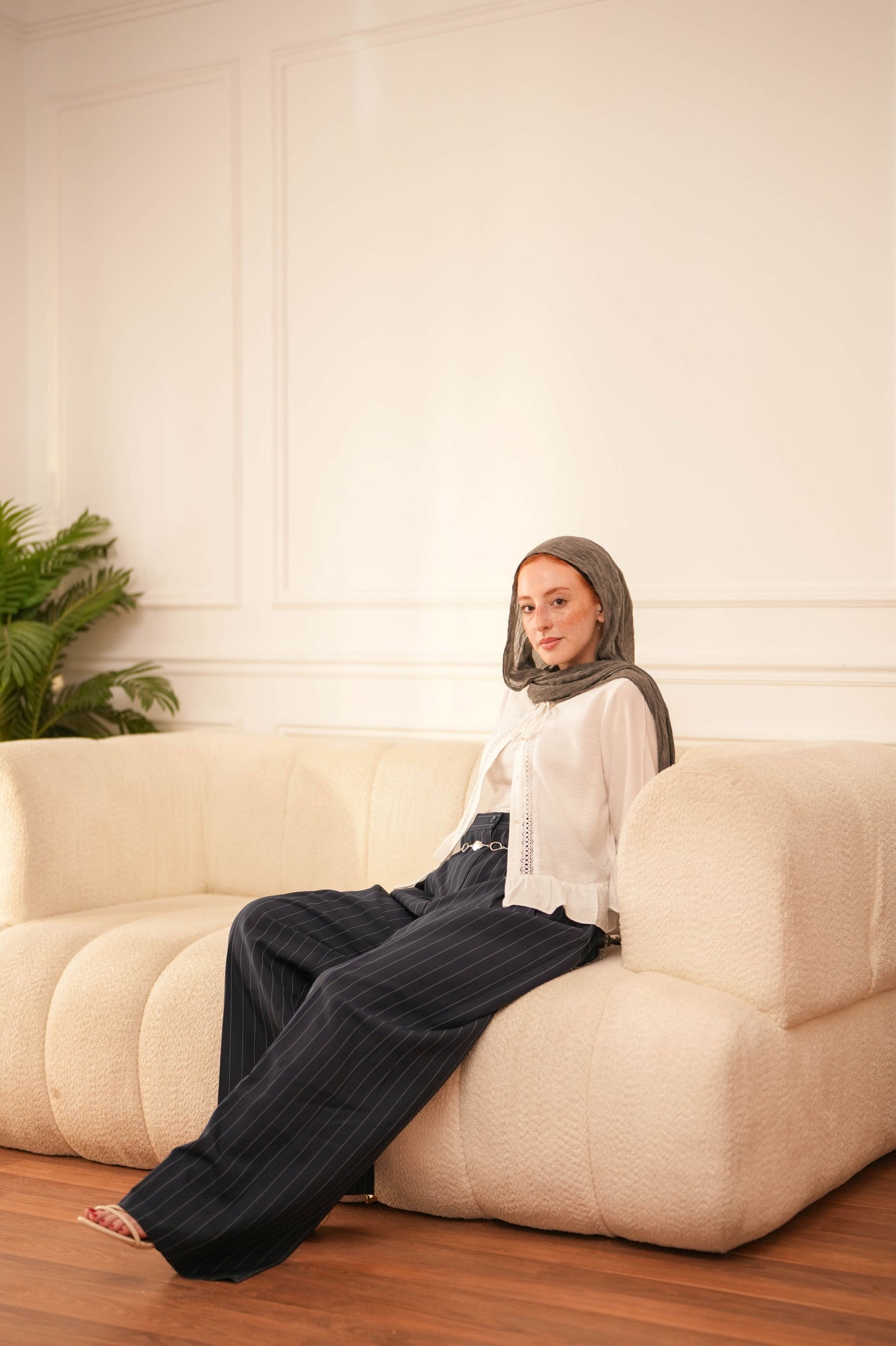 Striped wide leg trousers.