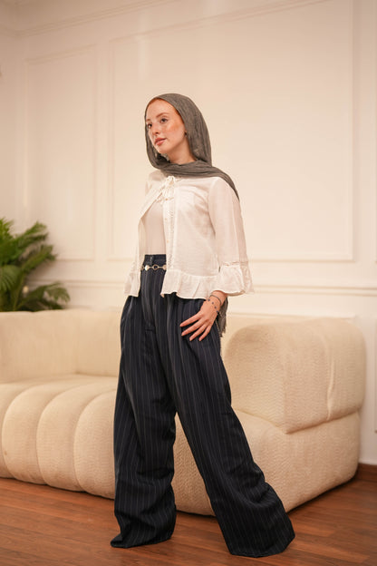 Striped wide leg trousers.