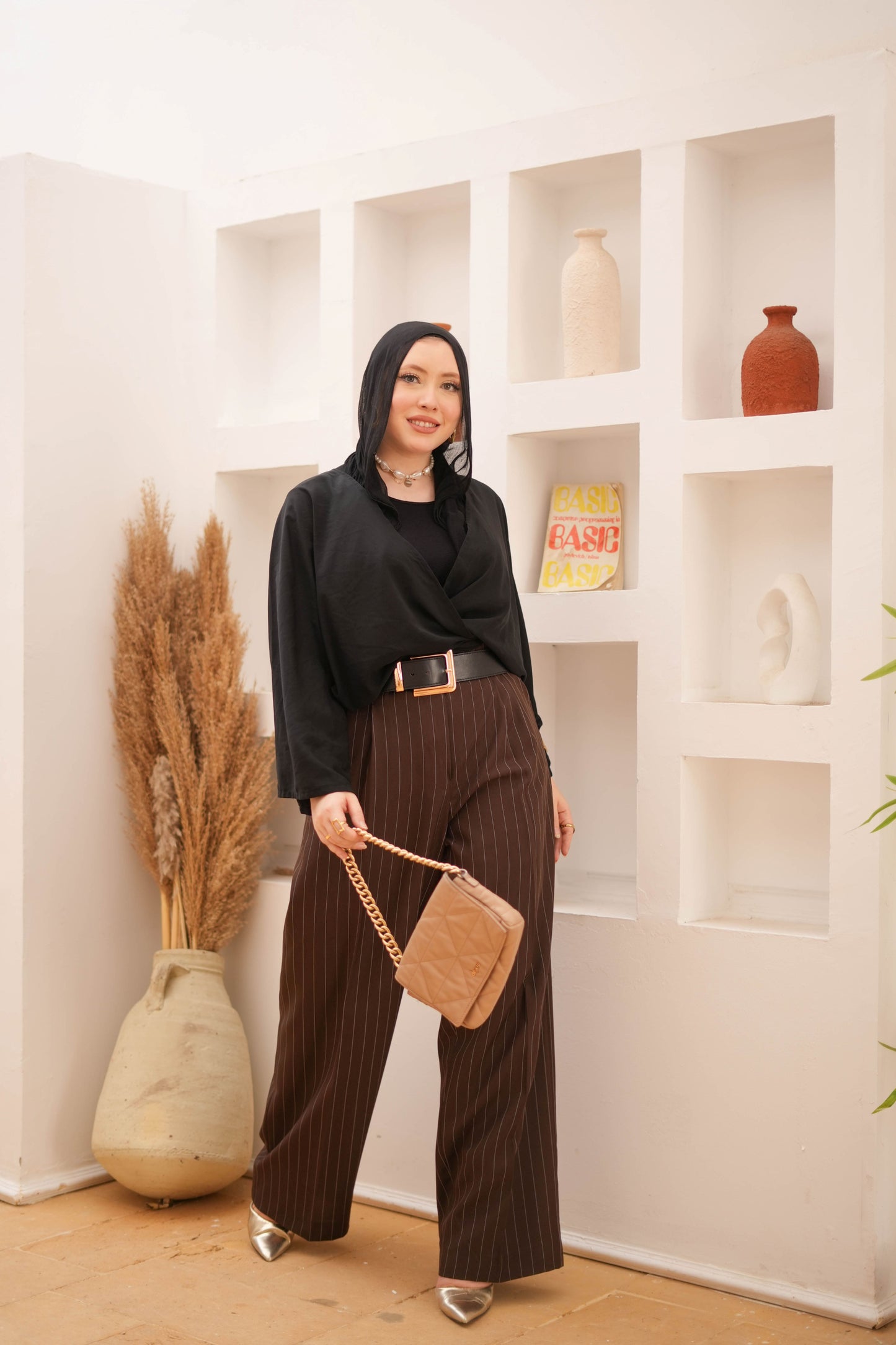 Striped wide leg trousers.