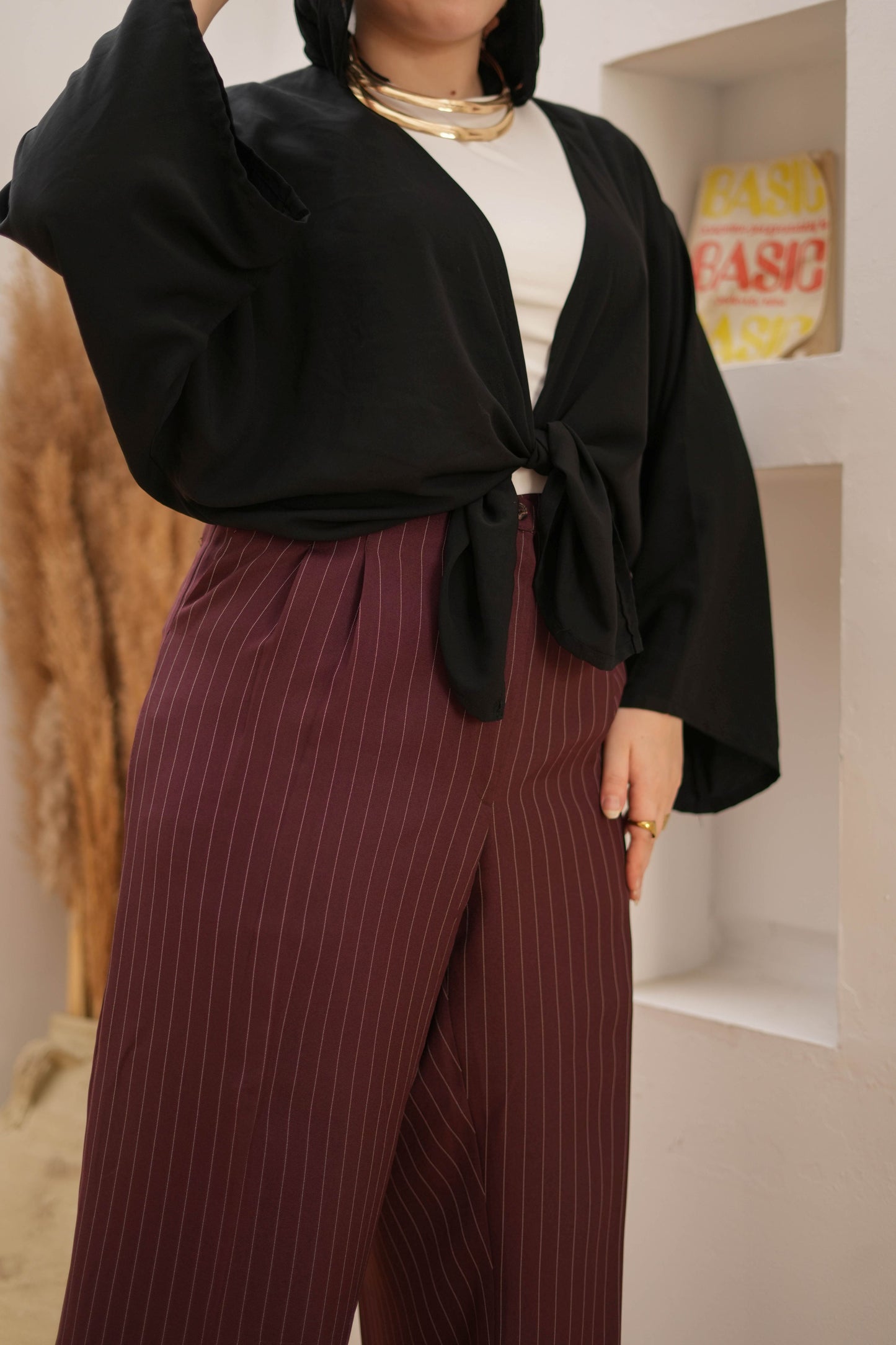 Striped wide leg trousers.